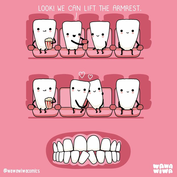 Wawawiwa comics: Adorable characters of teeth in a movie theater enjoying popcorn and lifting an armrest.
