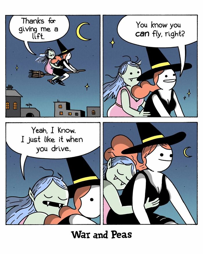 Witch gives vampire a lift flying on broom comic by War and Peas