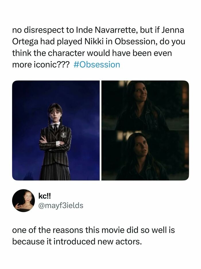 A meme comparing actresses Jenna Ortega and Inde Navarrette, for pop culture posts and instant good vibes.