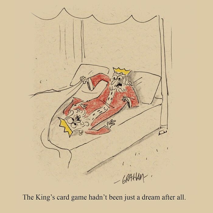 King playing card game with himself in humorous comic