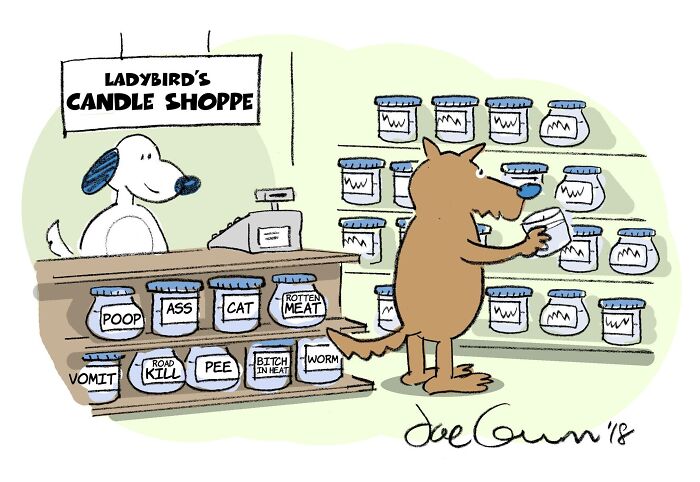 One-panel comics showing dog running a candle shop with funny candle names