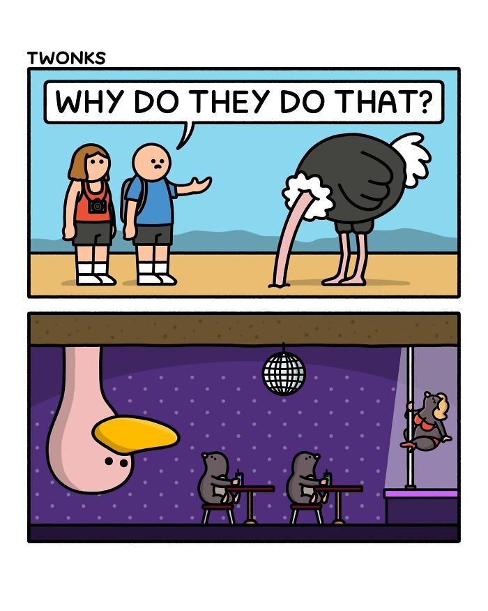 Absurd and funny comic by Steve Nelson illustrating an ostrich's head in a strip club.