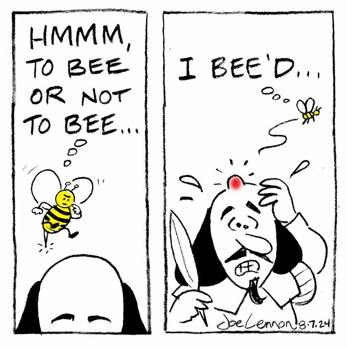Shakespeare bee pun in one-panel comic with a bee and man holding a quill
