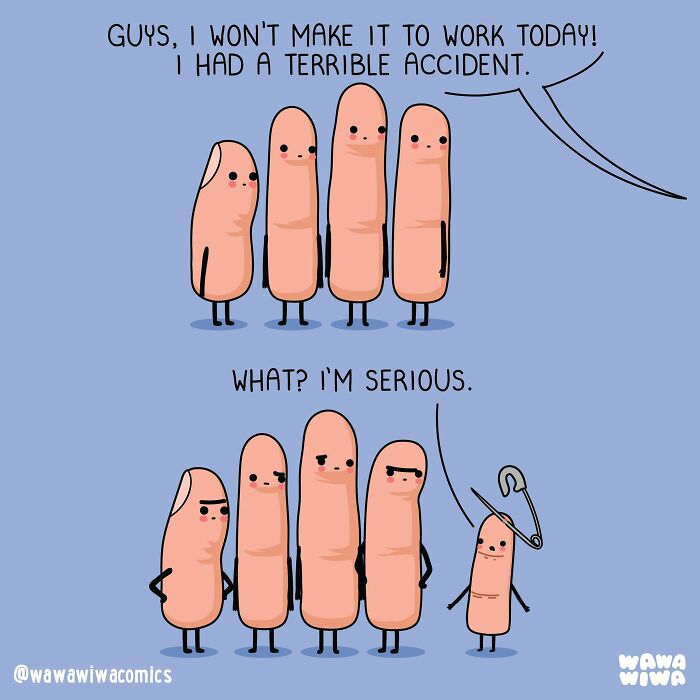 Wawawiwa comics: Adorable characters of fingers having a conversation about an accident with a safety pin.