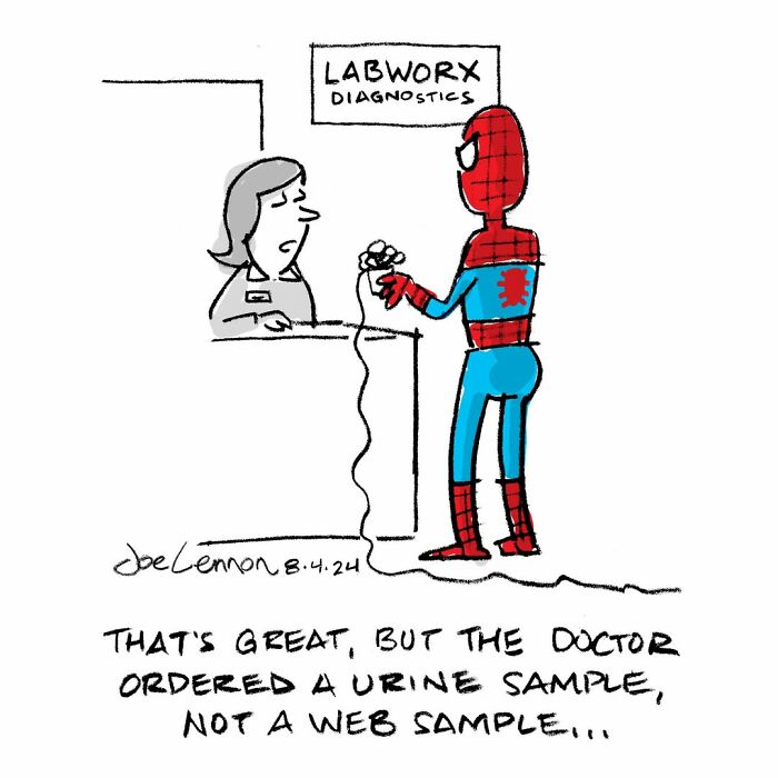 Spider-Man at lab giving web sample in humorous one-panel comic