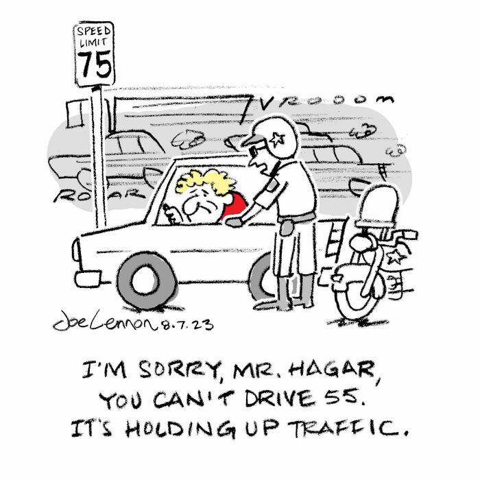 Police officer humor in one-panel comic about speeding and traffic