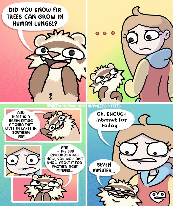 A Siberian girl reacts to funny situations as her two ferrets share bizarre facts about human lungs and the internet.