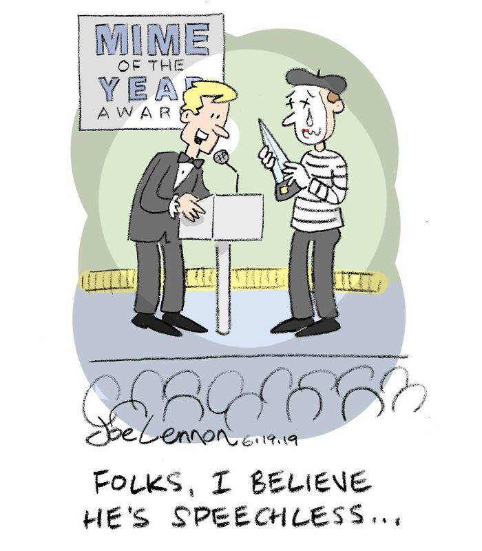 Mime of the year award comedy in one-panel comic about being speechless