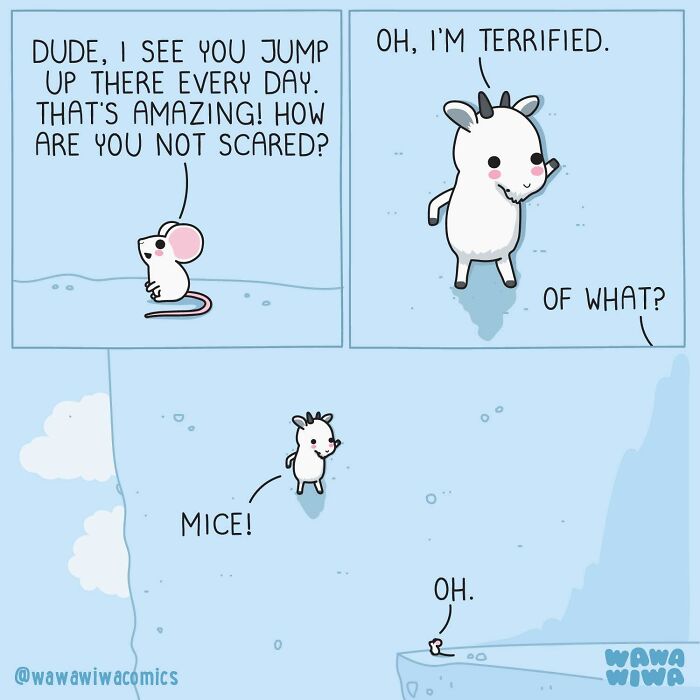 A Wawawiwa comic showing a goat terrified of mice, turning ordinary things into adorable characters.