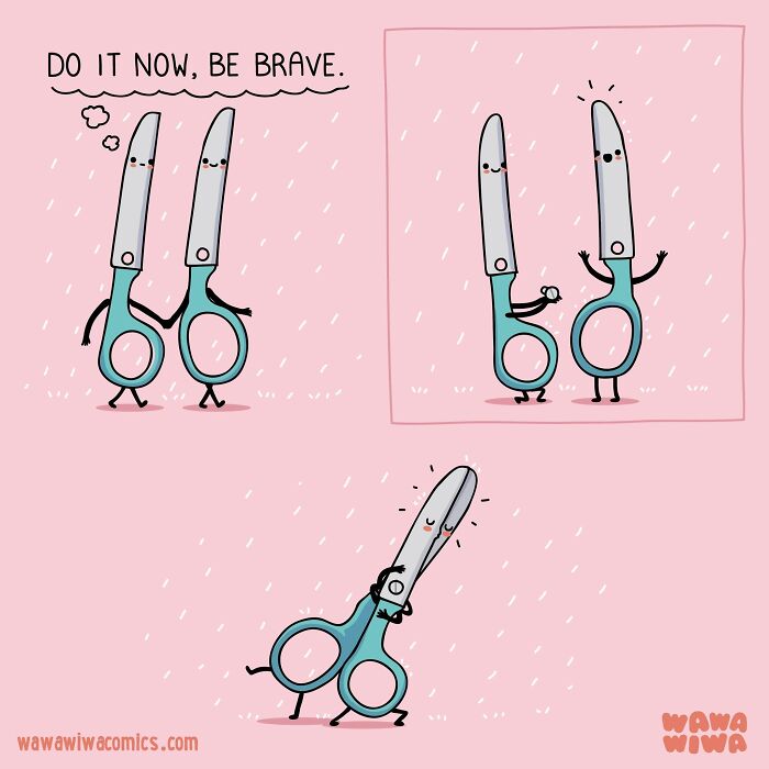 A Wawawiwa comic showing scissors being brave, turning ordinary things into adorable characters.