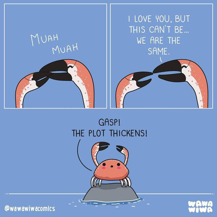 Wawawiwa comics show two flamingos kissing, then a crab observing the plot thicken.