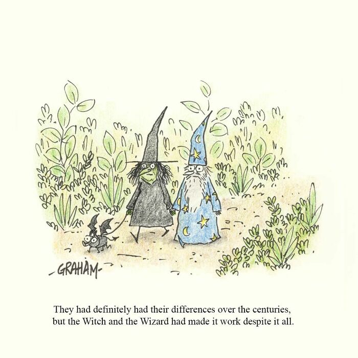 Witch and wizard walking with pet bat in subtle humor comic by Grickle