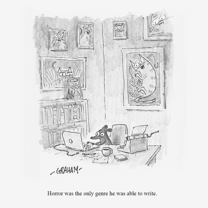 Dog writing horror genre at desk surrounded by cat pictures in Grickle comic