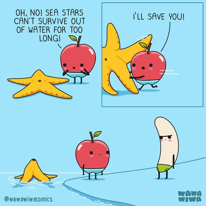 Wawawiwa comics feature an apple saving a starfish and a banana helping a sea creature.