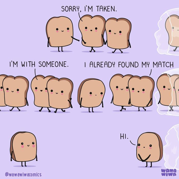Wawawiwa comics illustrate a lonely piece of bread looking for its match.