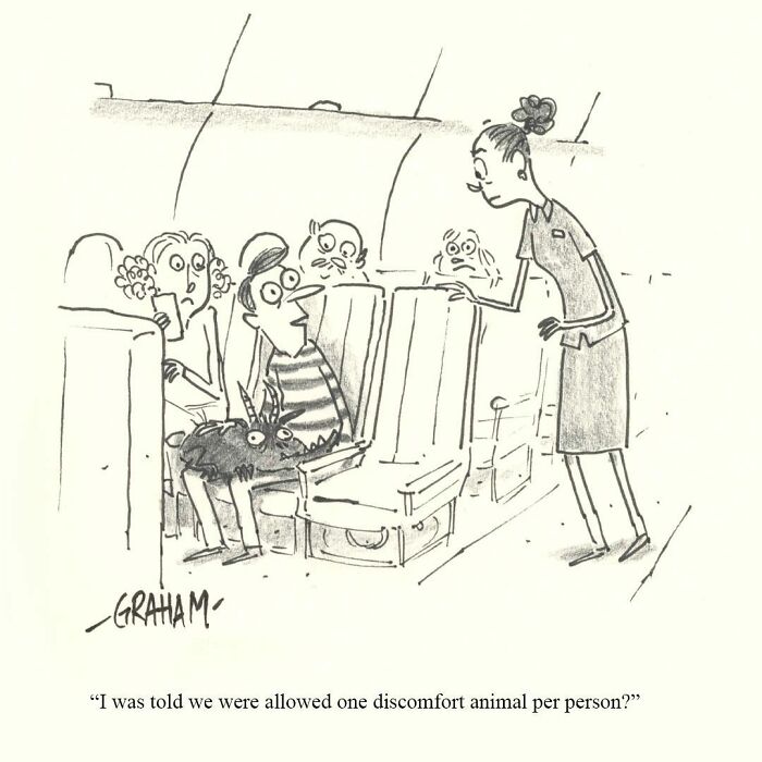 Man with discomfort animal on lap asked by flight attendant in Grickle comic