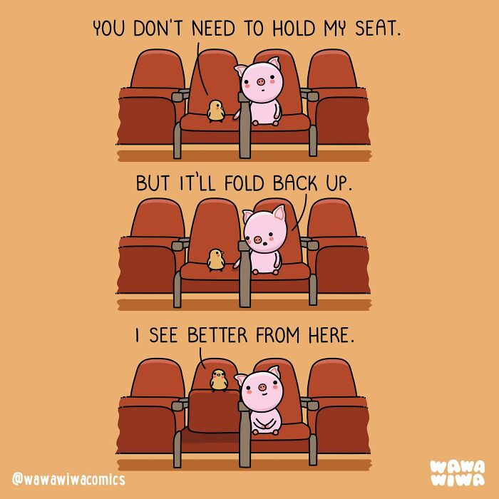 Wawawiwa comics depict a pig and a chick in a theater, with the chick moving to see better.