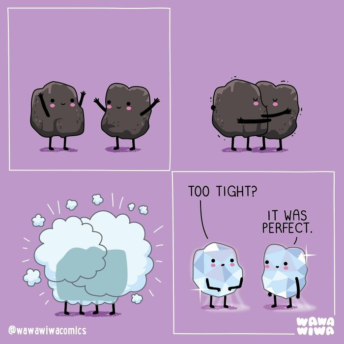 Wawawiwa comics show two pieces of coal embracing, then transforming into adorable diamonds.