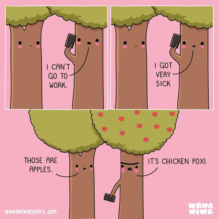 Wawawiwa comic depicting two trees, one feigning sickness with red spots on its leaves.