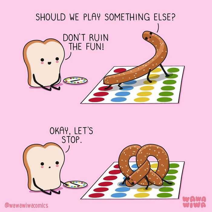 Wawawiwa comic where a pretzel plays Twister, tying itself in a knot next to a slice of bread.