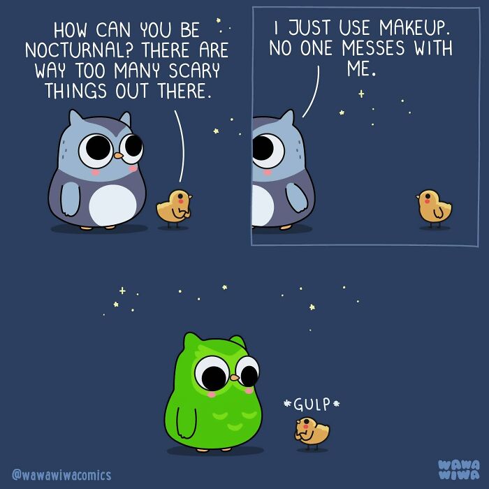 A Wawawiwa comic showing an owl wearing makeup to appear scary at night, turning ordinary things into adorable characters.