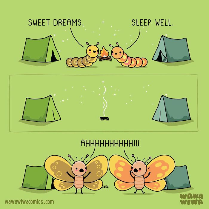 A Wawawiwa comic showing two caterpillars transforming into butterflies while camping, turning ordinary things into adorable characters.