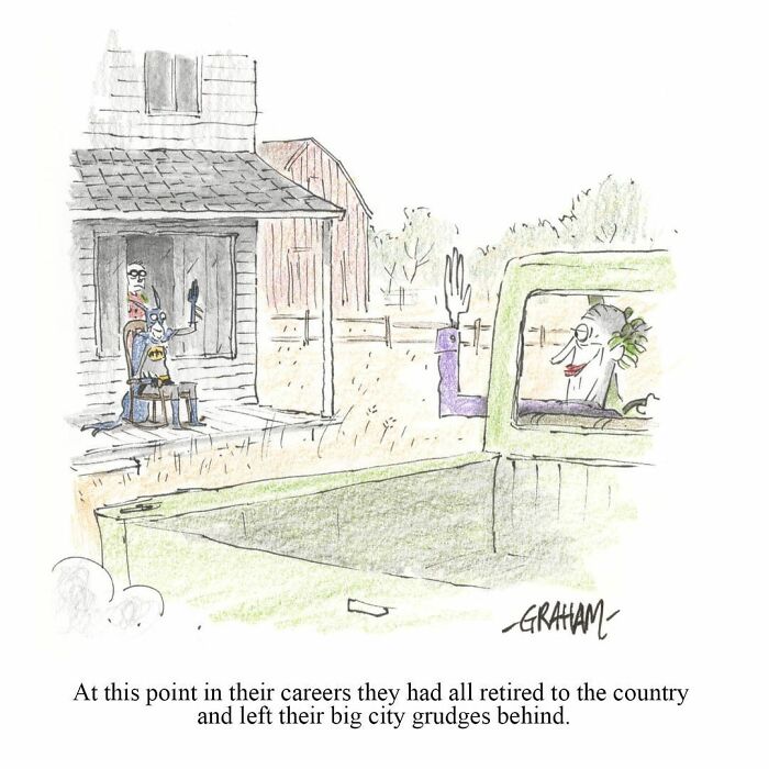 Retired characters waving in country setting in subtle humor comic by Grickle