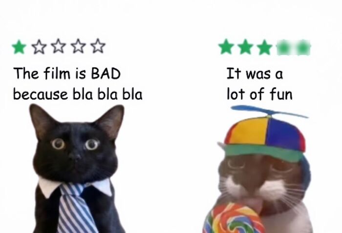 Cat meme comparing negative and positive movie reviews with cats