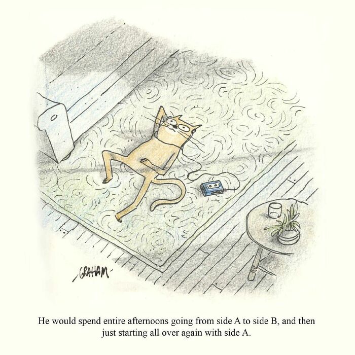 Cat lying on rug listening to tape in subtle humor comic by Grickle