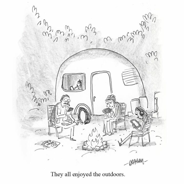 Family camping but glued to screens in subtle humor comics by Grickle