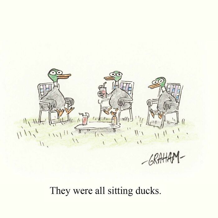 Three sitting ducks drinking and chatting in subtle humor comic by Grickle