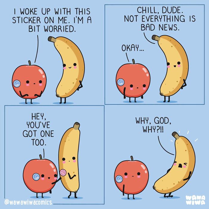Wawawiwa comic of a banana and apple as adorable characters with stickers on them.