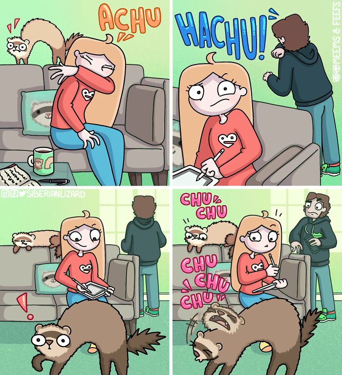 Siberian girl sneezes while ferret distracts her in daily life comic