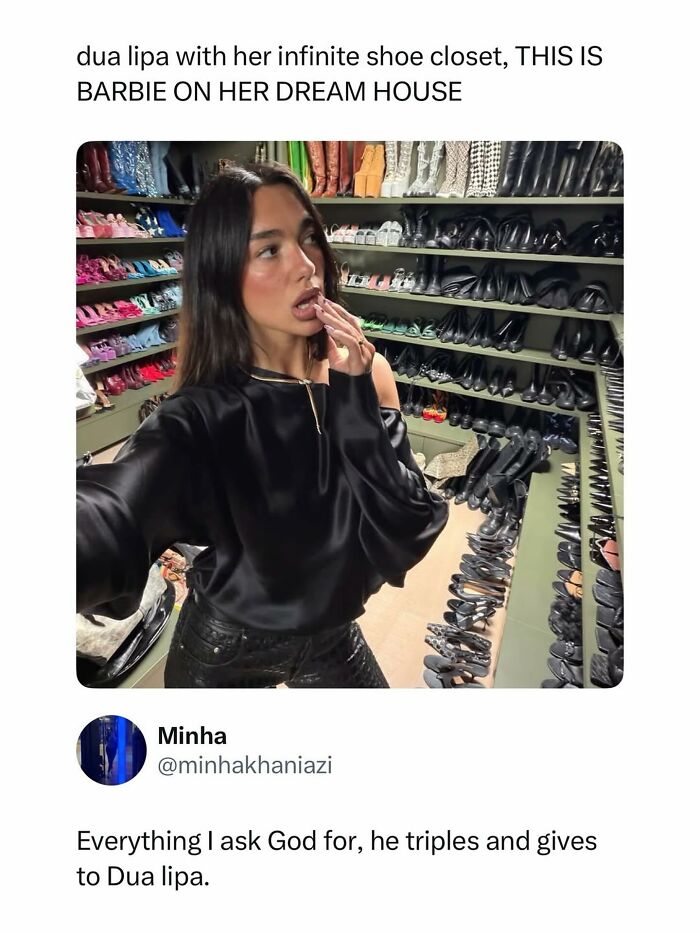 Dua Lipa in a large closet filled with shoes, a pop culture moment inspiring good vibes.