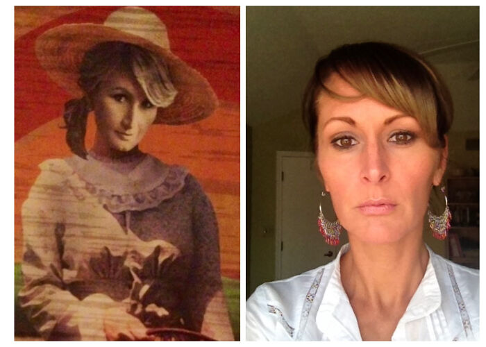 A split image showing an old painting next to a modern woman, highlighting a wild coincidence of resemblance.