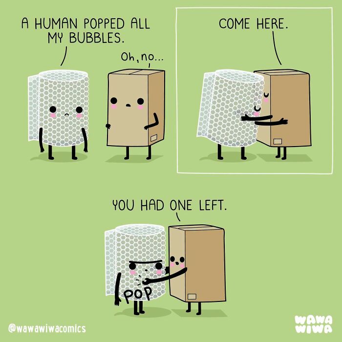 Wawawiwa comic of a bubble wrap character and a box as adorable characters, with the box popping the last bubble.