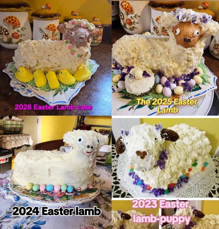 Four different hilariously messed up Easter lamb cakes from 2023, 2024, 2025, and 2026.