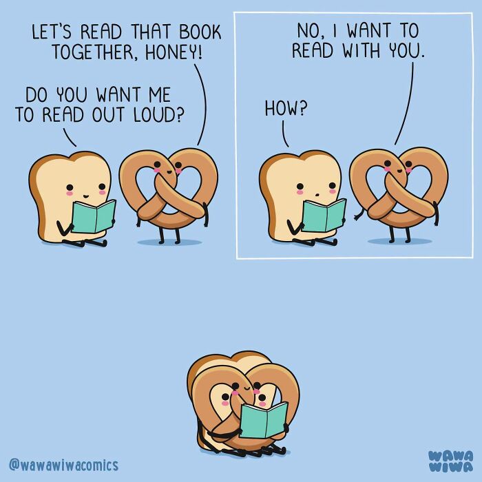Wawawiwa comic of bread and a pretzel as adorable characters, reading a book together.
