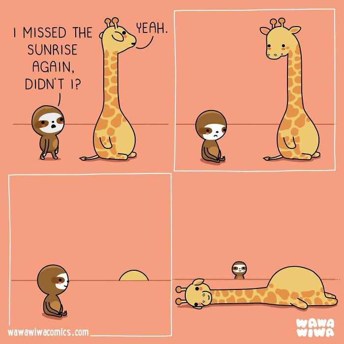 Wawawiwa comic of a sloth and a giraffe as adorable characters, with the giraffe laying down to show the sunrise.