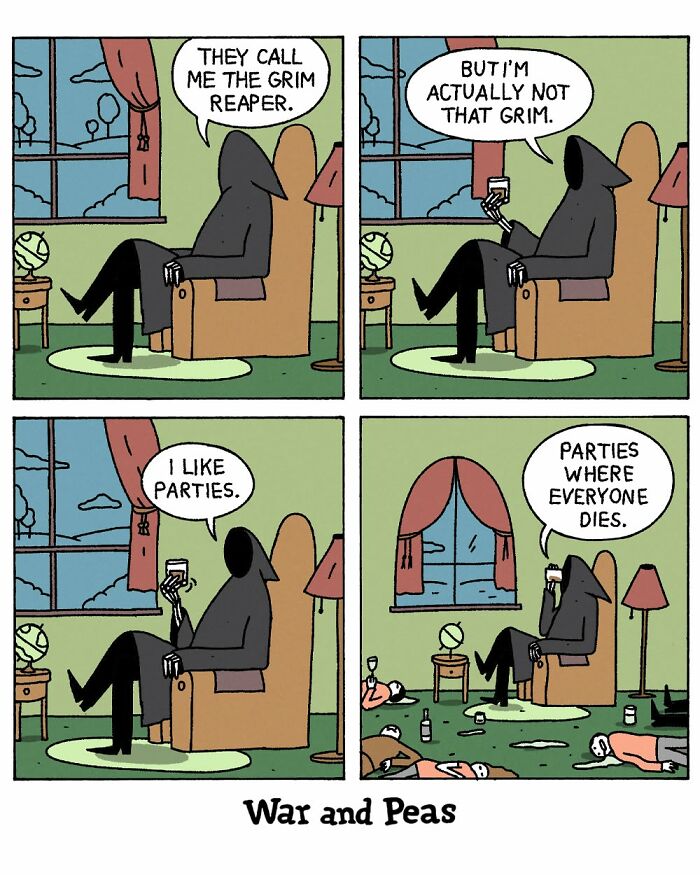 Grim Reaper in chair talks about liking parties where everyone dies comic by War and Peas