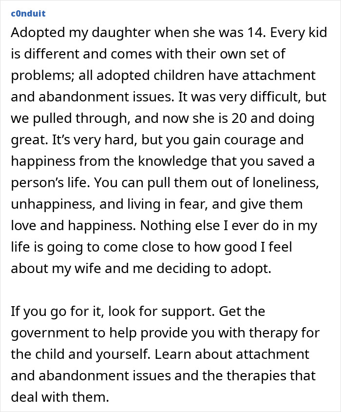 A screenshot of a personal adoption story, emphasizing the choice to adopt and its positive impact on a family.