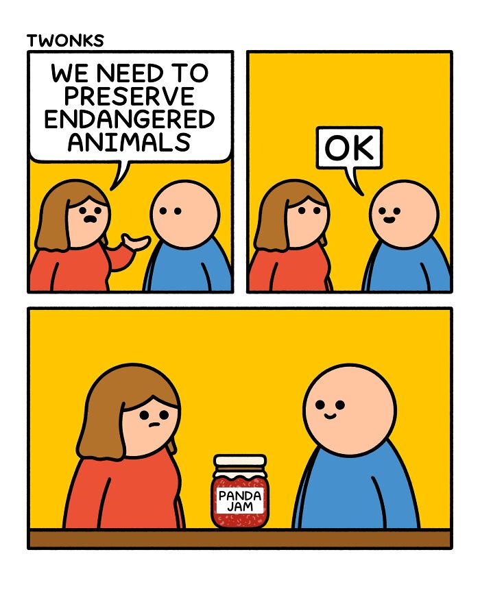 Absurd comic by Steve Nelson where a man preserves endangered animals by making panda jam.