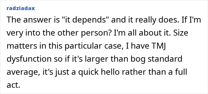 Bedroom confession: A user comment stating their preference depends on the person and potential TMJ dysfunction.