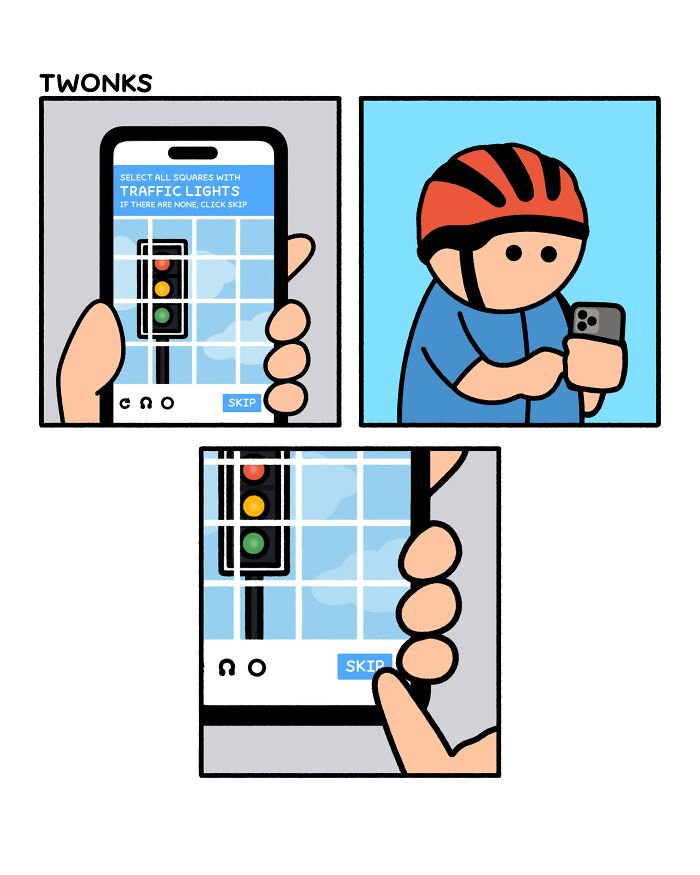 Funny comic by Steve Nelson of a person on a phone with a captcha and then getting angry about it. Absurd comics.