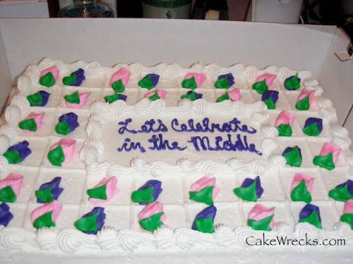 A hilariously messed up cake, a large white rectangular cake with the phrase Let's Celebrate in the Middle surrounded by pink, green, and purple icing dollops.
