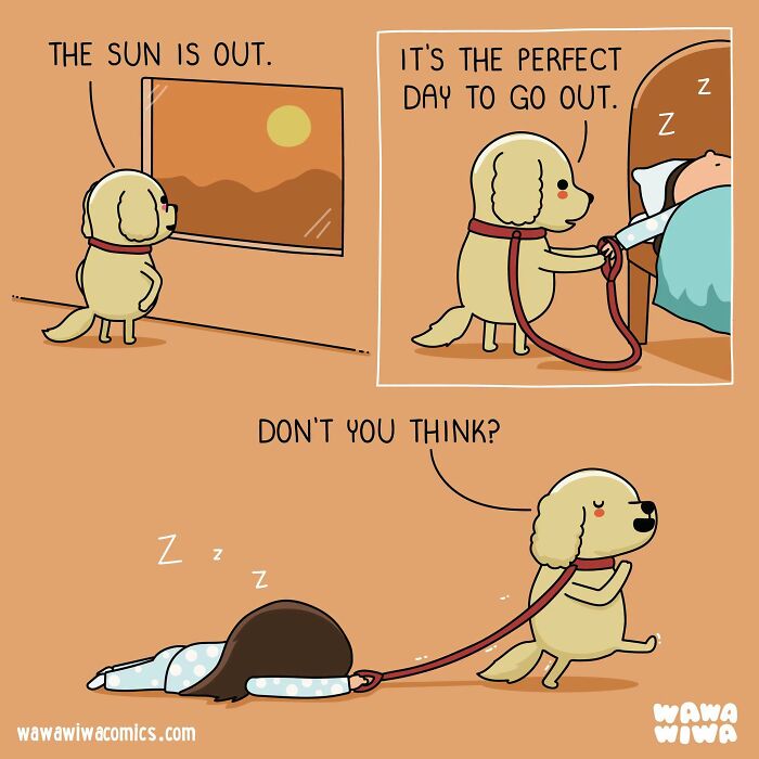 Wawawiwa comic showing a dog trying to get its sleeping owner to go out for a walk.