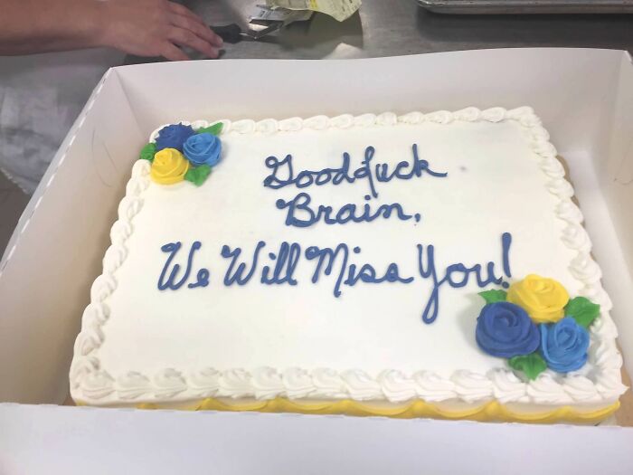 Funny cakes with hilariously messed up decorating, featuring a white rectangular cake with blue and yellow roses.