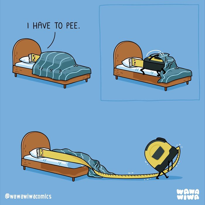 Wawawiwa comic of a measuring tape needing to pee and extending itself from bed.