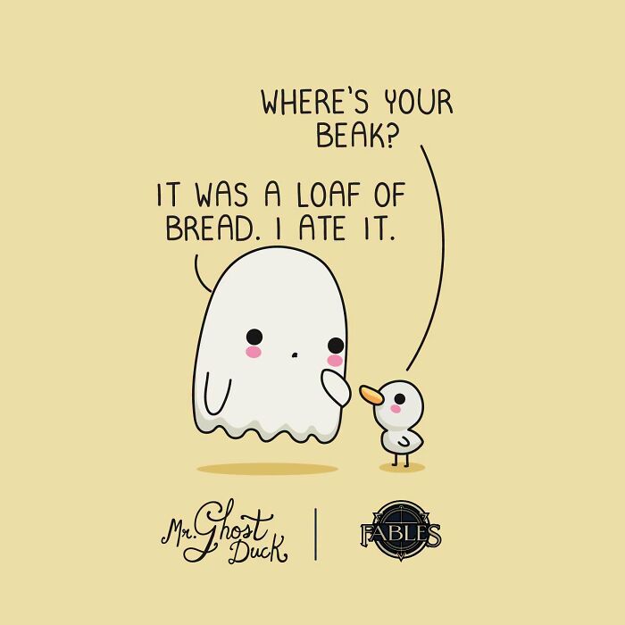 Wawawiwa comic featuring a cute ghost talking to a duck about its missing beak.