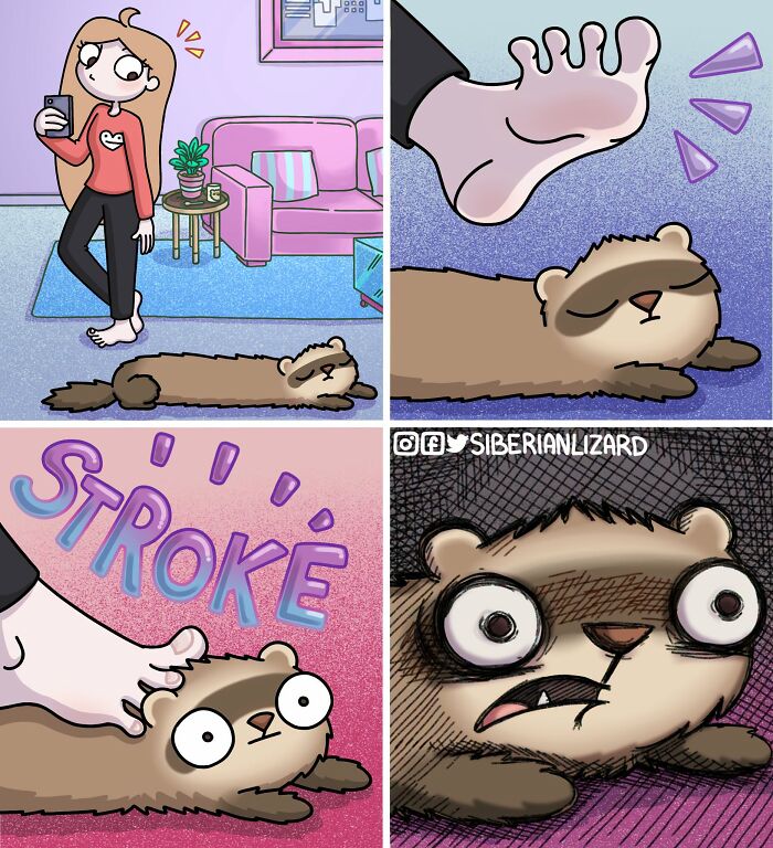 Siberian girl accidentally steps on ferret in humorous pet comic